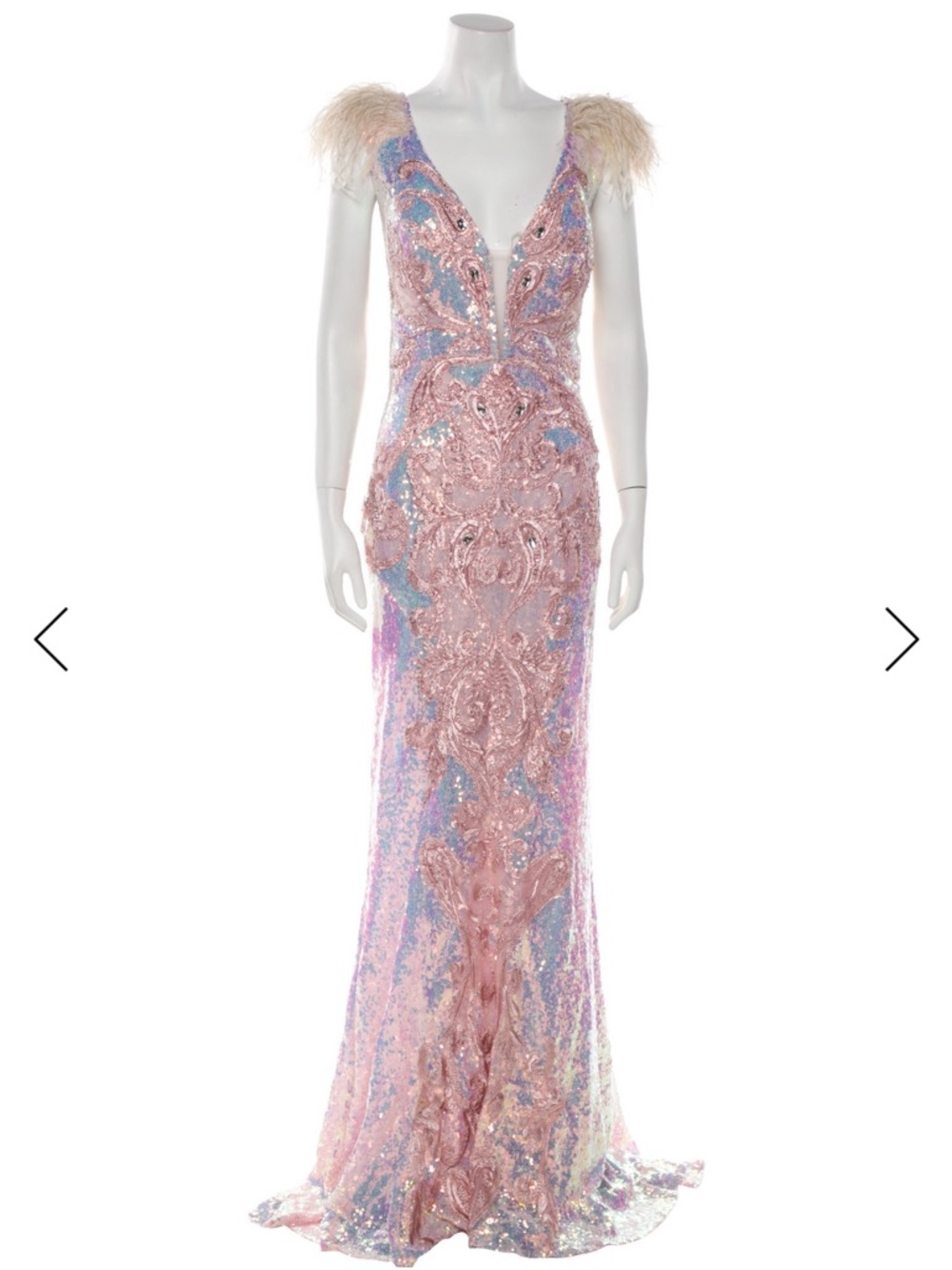 Portia & Scarlett Pink Blue Sequin Evening Gown with Feather Shoulders